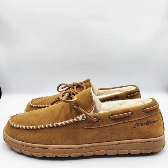Eddie Bauer Tan Light Brown Suede Shearling-Lined Moccasin Slippers Men's Size 8 - Picture 3 of 11